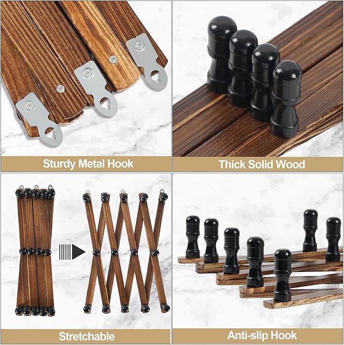WGFKVAS 2 Pack Accordion Hat Rack for Wall - Expandable Coat Rack Wall Mount with 14 Pegs - Wood Wall Hanger for Baseball Cap