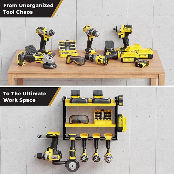 BUILTSTRONG Power Tool Organizer - 6 Drill Holder Wall Mount, 3 Tier Heavy-Duty Hand Storage Rack, Utility Racks, 2 Pegboard 
