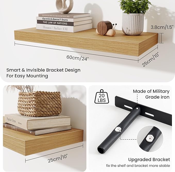 Fun Memories 24 x 10 Floating Shelves Wall-Mounted - Rustic Wood Shelf - 10 Inch Deep Floating Shelves for Wall - Large Stora