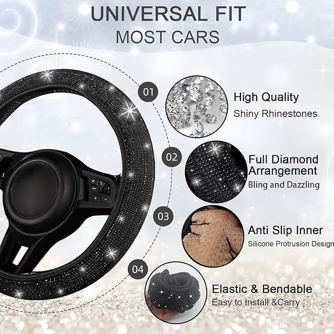 NBTEPEM 30 Pcs Black Bling Car Accessories Set for Women, Steering Wheel Cover Set, Bling Console Cover, Seat Belt Cushion, Shift Knob Cushion, Cup Holder Coaster, Rhinestone Car Hanging Accessories