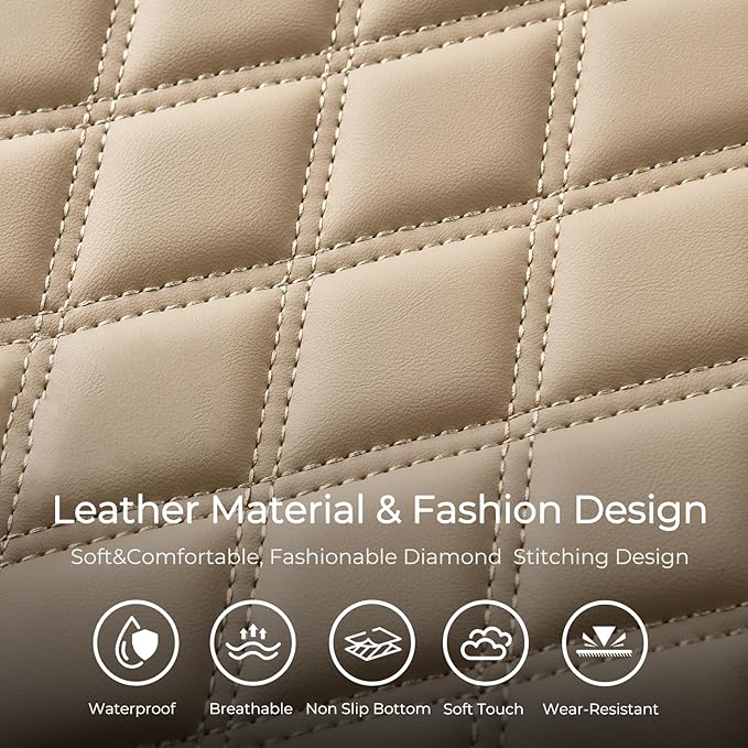 Huidasource Beige Seat Covers Full Set, Nappa Leather Seat Cover Hollow Design Airbag Pops, Front ＆ Back Seat, 5 Layers Seat 