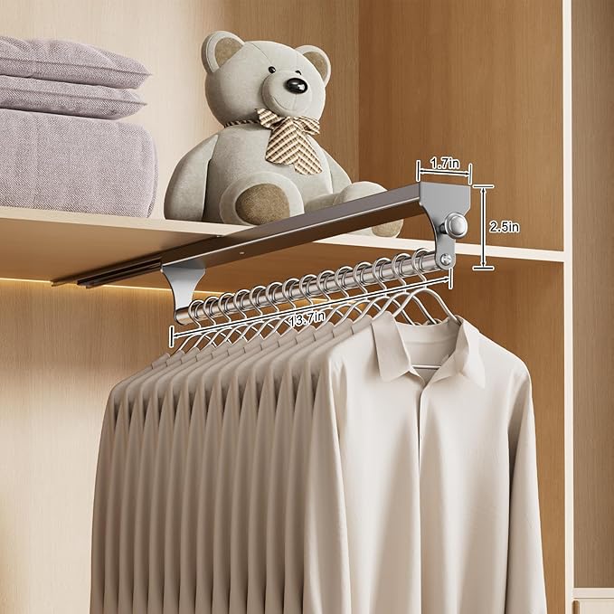 2 Pack Pull Out Closet Rod, 13.7inch Heavy Duty Pants Rack, Adjustable Clothes Hanger Rail, Space Aluminum Valet Rod, Top Mou