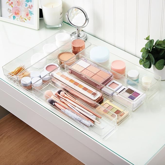 STORi SimpleSort 6-Piece Stackable Clear Drawer Organizer Set | 12" x 3" x 2" Rectangle Trays | Narrow Makeup Vanity Storage 