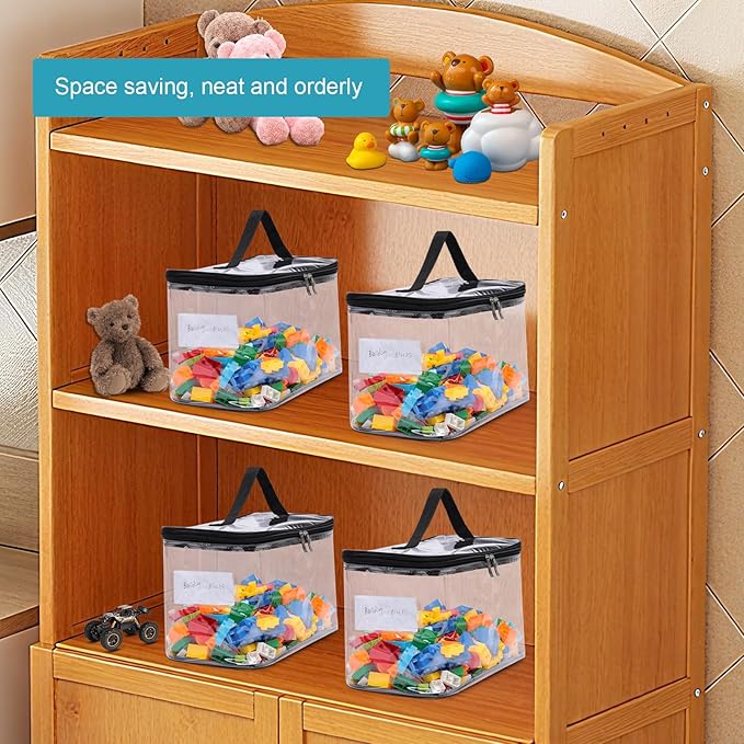 6 Pack Large Clear Storage Bags for Toys with Name Tag, Waterproof Duty PVC Toy Organizer Bag for Building Blocks, Board Game