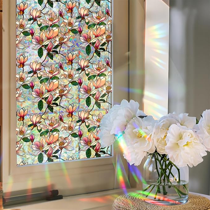 Niviy Window Privacy Film, Magnolia Flowers Stained Glass Window Film, Rainbow Film Glass Sun Protection Decals for Car Moonroof, Windows Tint for Home Bathroom (16.93 x 39.37inch)