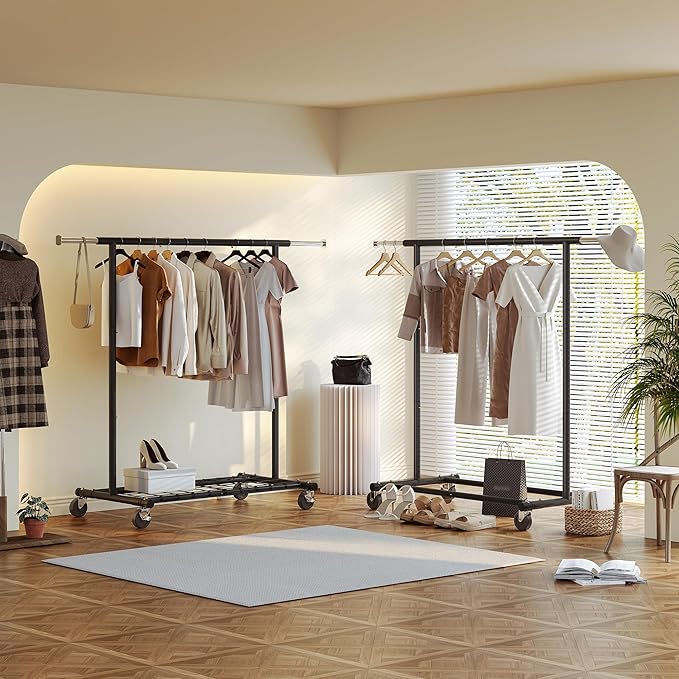 Raybee Clothing Rack for Hanging Clothes, Rolling Clothes Rack Load 250LBS, Metal Clothes Racks, Garment Rack with Wheels Por