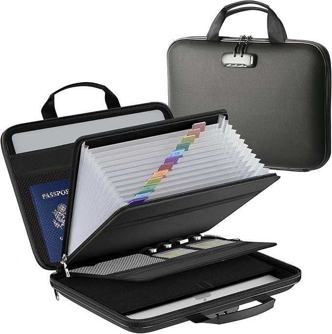 Fireproof Document File Organizer Bag, Black 5200°F Portable File Organizer Handbag With Lock,Hard Case Fireproof Waterproof 
