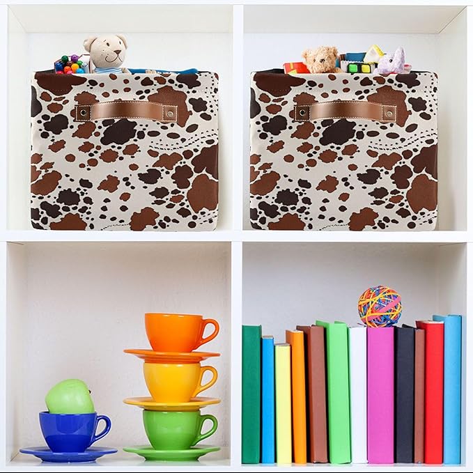 xigua Cow Print Storage Basket Collapsible Storage Bins Waterproof Canvas Storage Basket with Leather Handles for Home Closet