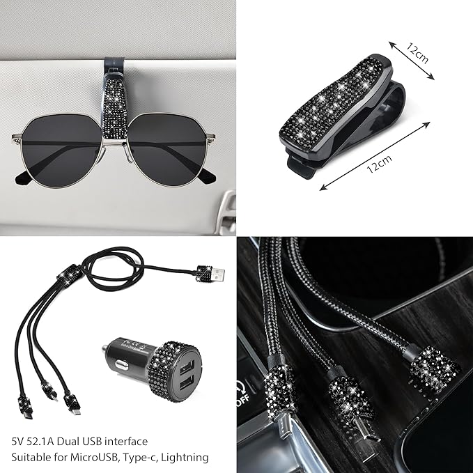 CAR PASS 30 PCS Bling Diamond Car Accessories Set for Women, Bling Steering Wheel Covers 15 Inch, Shining Rhinestone License Plate Frame, Sparkly Phone Holder, Cute Interior Set Decorations, Black