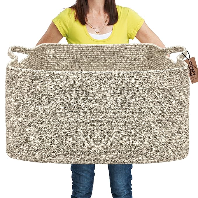 COMFY-HOMI Large Rectangular Blanket Basket, Woven Cotton Rope Baskets for Storage, Laundry Hamper Basket, Storage Bin,Toy Or