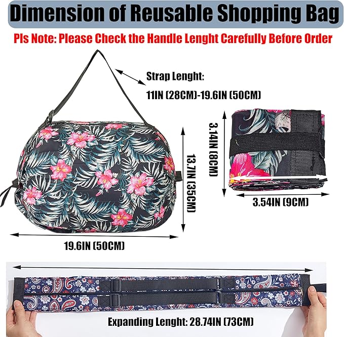 Foldable Reusable Tote Bags - Thickened 210D Nylon Waterproof Grocery Shopping Bag with Zipper & Adjustable Strap