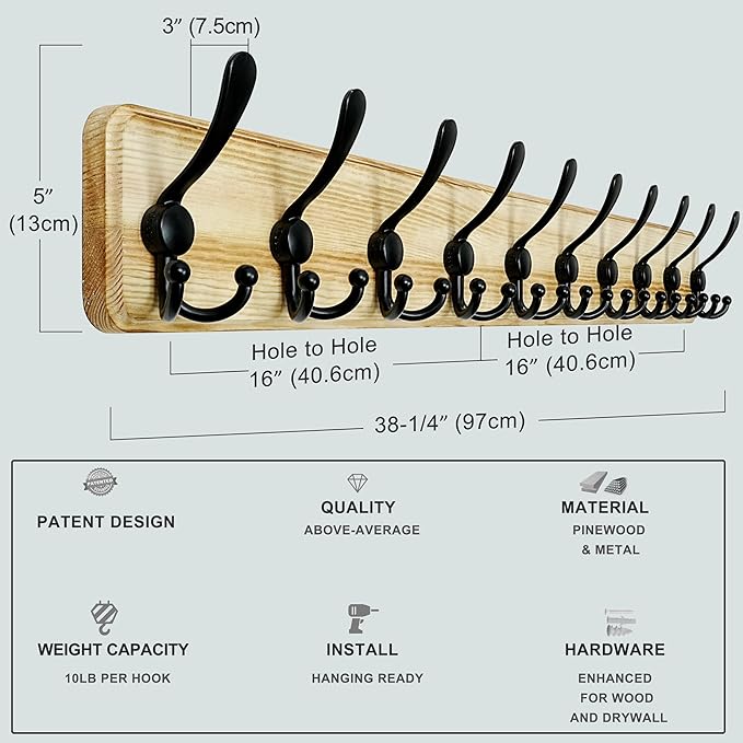 Dseap Coat Rack Wall - Heavy-Duty 38-1/4" Long, with Reinforced 10 Custom Tri-Hooks, Solid Wood Wall Hanger for Coats Hat Jac