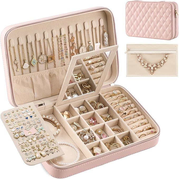 Lolalet Travel Jewelry Case for Women Girls, Travel Jewelry Organizer Box with Mirror & Clear Storage Bag, Small Portable Ear