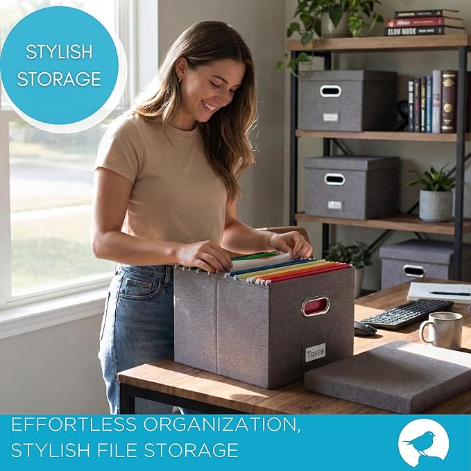 Internet's Best Collapsible File Box Storage Organizer with Lid - Decorative Linen Filing & Storage Office Boxes – Hanging Le