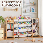 Toy Storage Organizer with Bookshelf and Stuffed Animal Storage - Kids Playroom Organization with Shelves and 12 Toy Bins - T