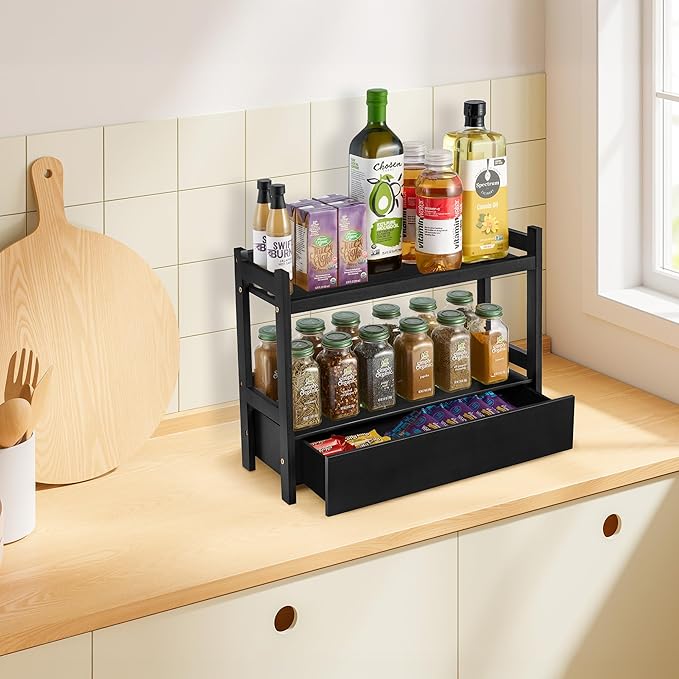 Sorbus Bamboo Bathroom Counter Organizer – 2-Tier Shelf with Hidden Drawer for Vanity, Matcha Station, Bathroom Sink Organize