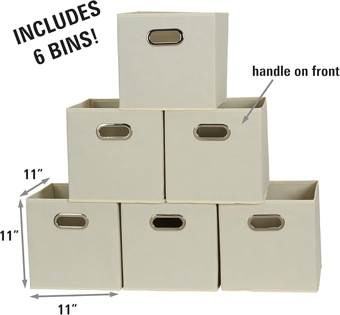 Fabric Storage Bins 6 Piece Set, Strong Poly-Woven Fabric, Sturdy Chipboard Sides, Grommet Front Handle, Stackable and Foldab