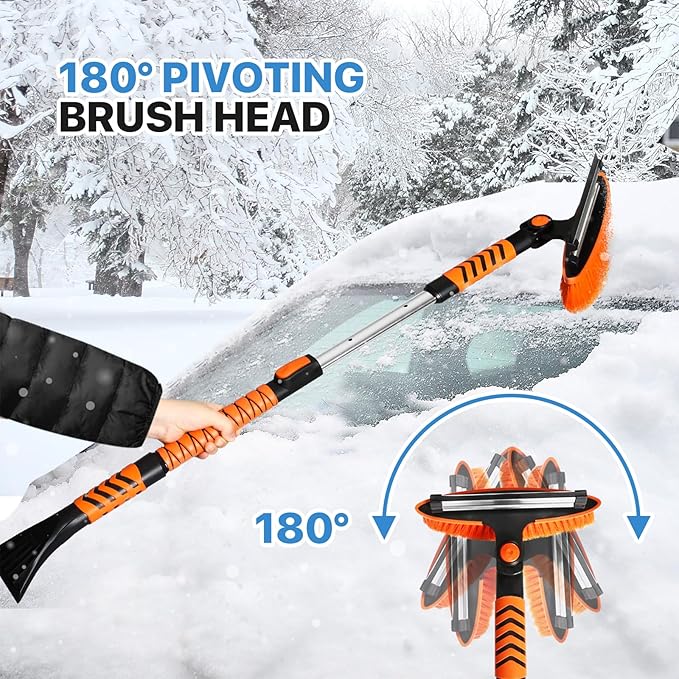 MoNiBloom Extendable Ice Scraper and Brush with Squeegee for Car 4 in 1 Emergency Snow Shovel, Ergonomic Foam Grip and 180° Pivoting Brush Head Car Snow Kit for Cars, Trucks, SUVs, Vehicle