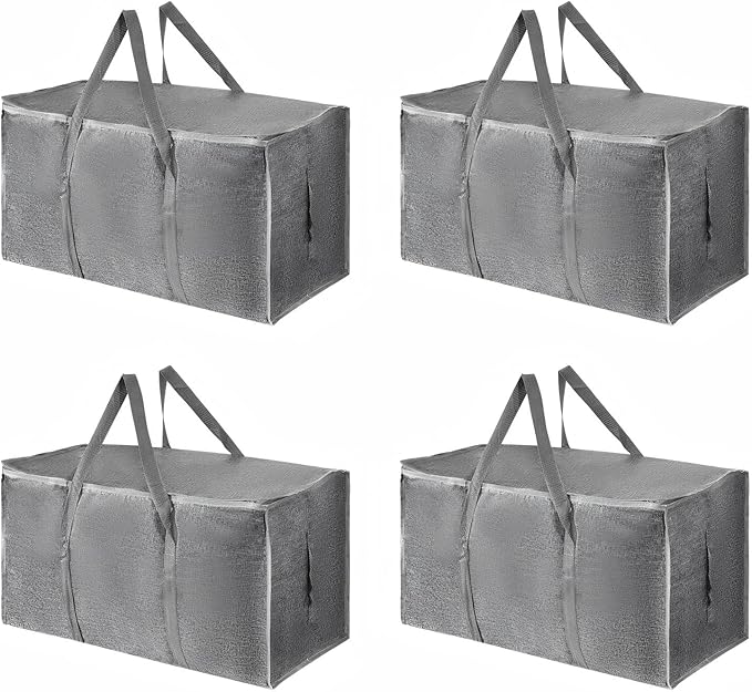 4 Pack-Extra Large Heavy Duty Moving Bags - Waterproof Storage Totes with Handles & Zippers, Foldable for College Dorm, Stora