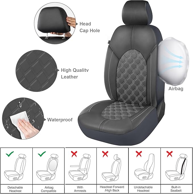 CAROMOP Luxury PU Leather Car Seat Covers Front Set - Anti-Stain Waterproof Automotive Seat Covers for Cars - Universal Car I