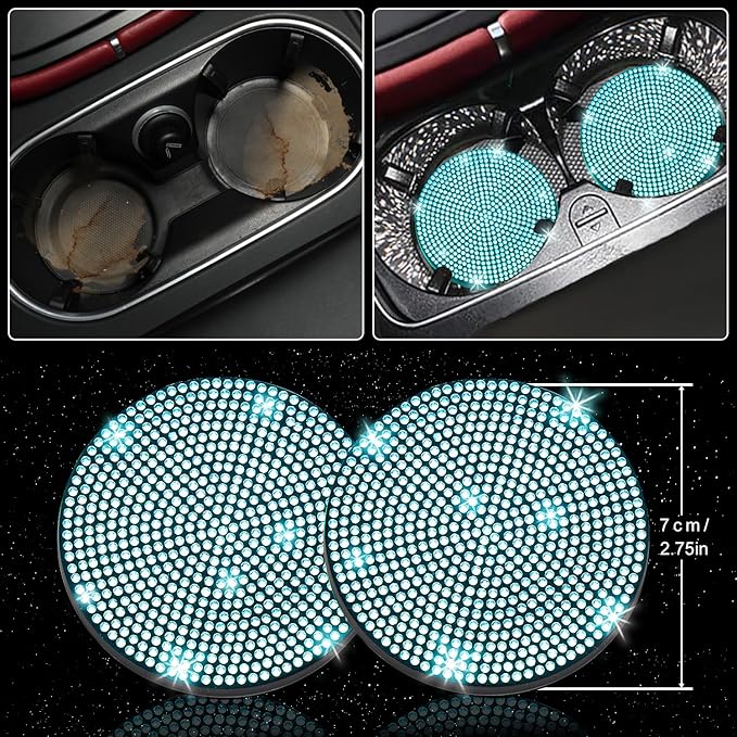 NBTEPEM 30 Pcs Aquamarine Bling Car Accessories Set for Women, Steering Wheel Cover Set, Bling Console Cover, Seat Belt Cushion, Shift Knob Cushion, Cup Coaster, Rhinestone Car Hanging Accessories