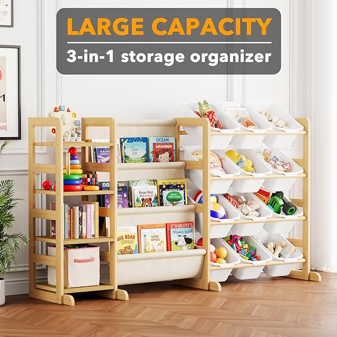 SpaceAid 3-in-1 Toy Storage Organizer with 4 Shelves and 12 Bins, Toy Organizers Storage 3-Tier Bookshelf, Kids Bin Shelf Box