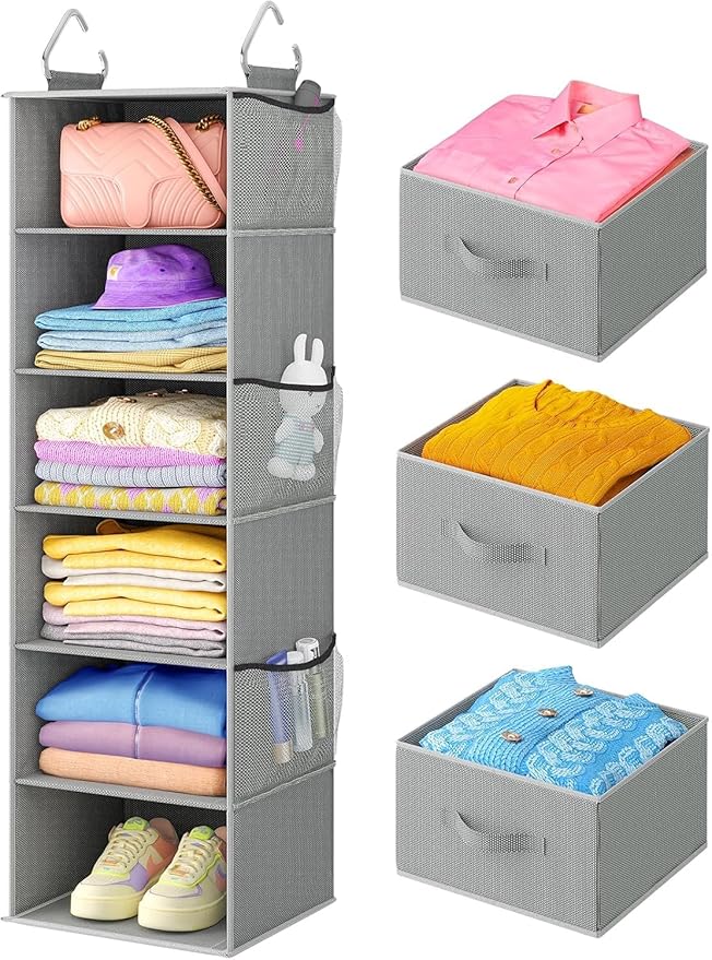 Pipishell Hanging Closet Organizer 6-Shelf, Hanging Shelves for Closet with 3 Removable Drawers & Side Pockets for Bedroom, G