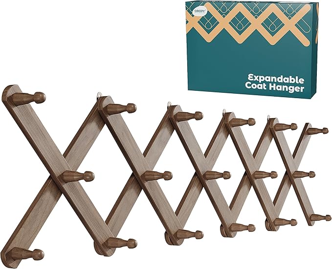 OROPY Wood Accordion Wall Hanger, Expandable Coat Rack Wall Mount with 17 Pegs, Expanding Hat Rack for Wall Walnut Color