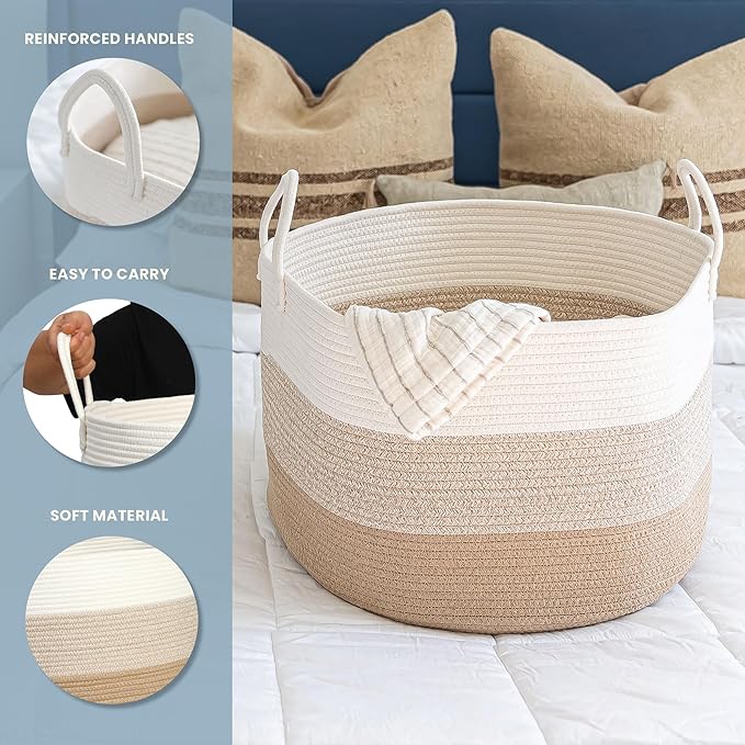 OrganiHaus Large Woven Storage Basket for Blankets and Toys 20" x 13" Inch, Rope Laundry Basket with Handles, Cushions & Pill