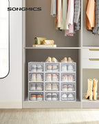 SONGMICS Shoe Boxes, Pack of 12 Shoe Storage Organizers, Stackable Clear Plastic Boxes for Closet, Sneakers, 13.1 x 9.1 x 5.6