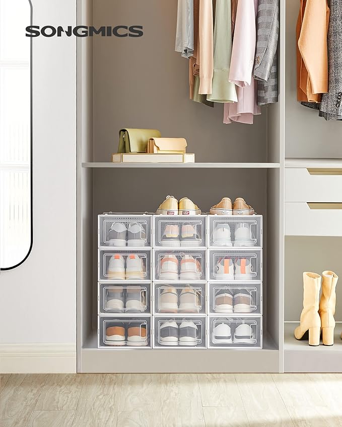 SONGMICS Shoe Boxes, Pack of 12 Shoe Storage Organizers, Stackable Clear Plastic Boxes for Closet, Sneakers, 13.1 x 9.1 x 5.6