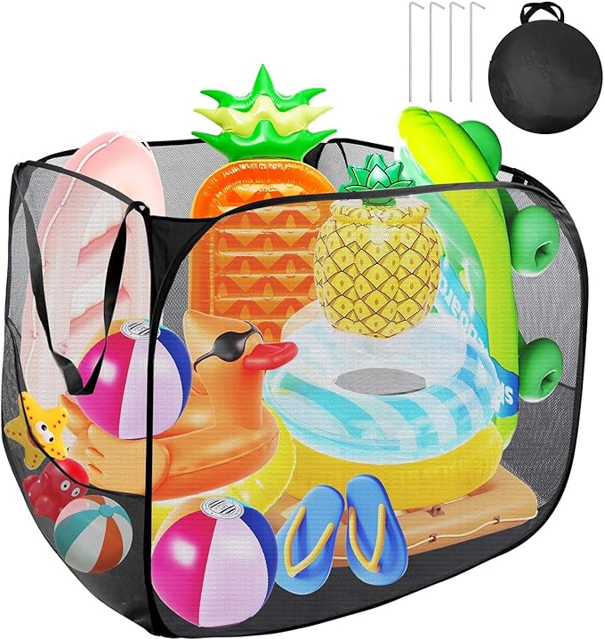 Pop up Pool Toy Storage Bin,32"X32"X30"Pool Float Organizer Bag with 2 Side Pockets Mesh Swimming Pool Toys Organizer with 4 
