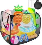 Pop up Pool Toy Storage Bin,32"X32"X30"Pool Float Organizer Bag with 2 Side Pockets Mesh Swimming Pool Toys Organizer with 4 