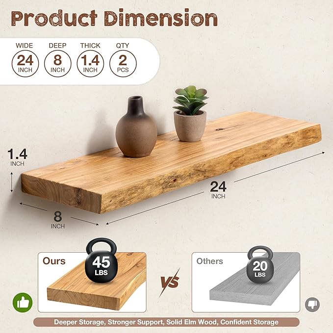 fuqing Live Edge Floating Shelves for Wall 24 inch, 8 Inch Deep Solid Elm Wood Floating Wall Shelves - Rustic Wooden Shelves 