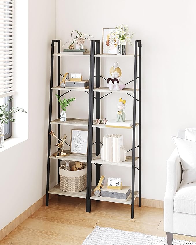 Hzuaneri Ladder Shelf, Bookshelf Bookcase, Freestanding Corner Storage Shelve with 2 Hooks for Home Office, Living Room, Kitc