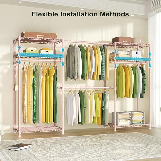 Ulif E1 Heavy Duty Closet Garment Rack, 6 Tiers Adjustable Metal Freestanding Expandable Clothing Storage with 4 Hanger Rods,