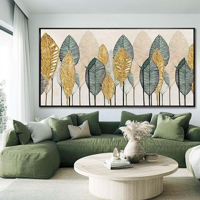 Contemporary Framed Wall Art Green and Gold Wall Decor Leaves Wall Prints Line Wall Posters 29"x58" Living Room Decorations K