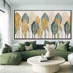 Contemporary Framed Wall Art Green and Gold Wall Decor Leaves Wall Prints Line Wall Posters 29"x58" Living Room Decorations K