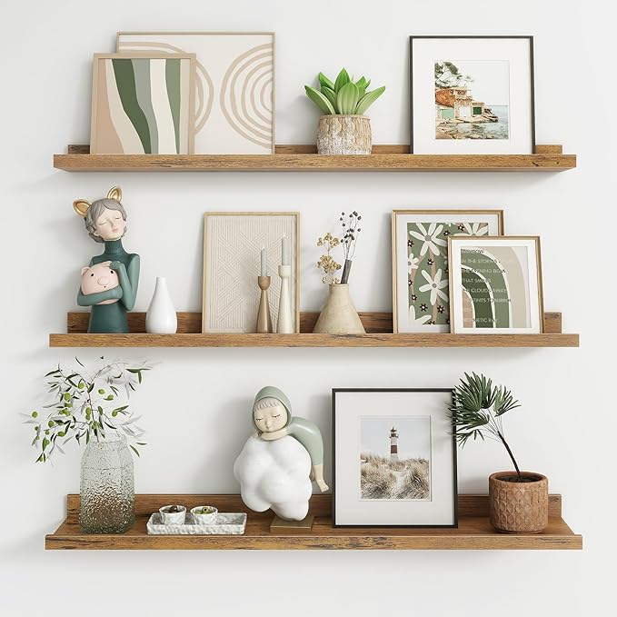 Axeman 36 Inch Floating Shelves | Brown Picture Ledge Shelf Set of 3 | Rustic Brown Wood Wall Shelves with Lip | 36" Picture 