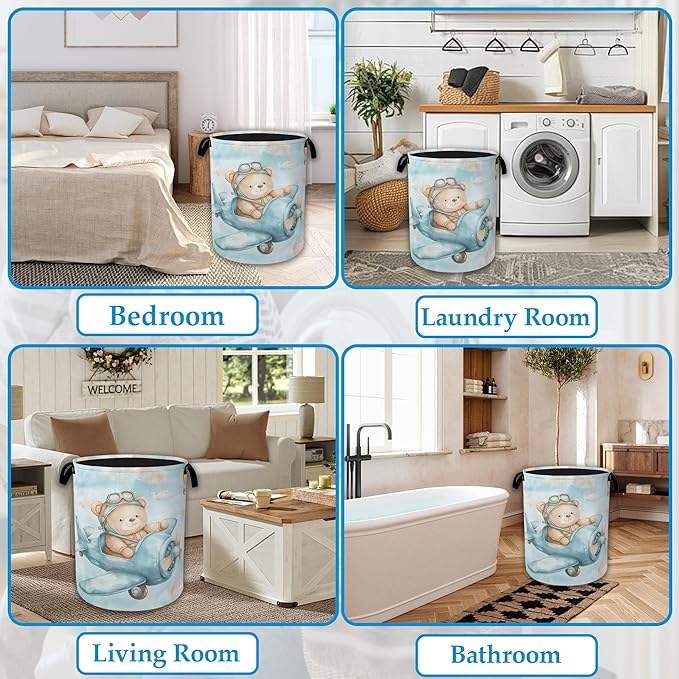 Blue Bear Pilot Laundry Hamper Balloon Collapsible Laundry Basket Portable Clothes Toy Storage Bin for Bathroom Bedroom Room 