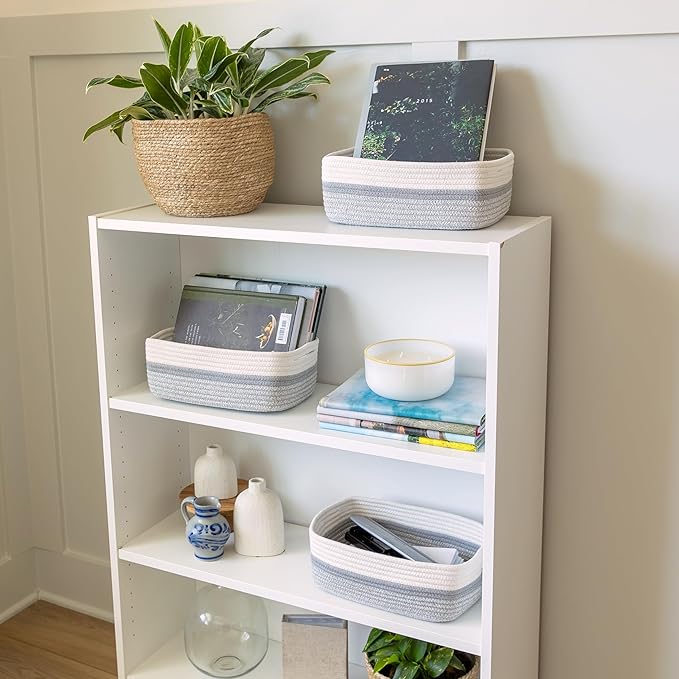 NaturalCozy 11.8"x8"x4.5” Storage Baskets for Shelves 3 Pack | Cotton Rope Woven Small Baskets for Organizing | Small Storage