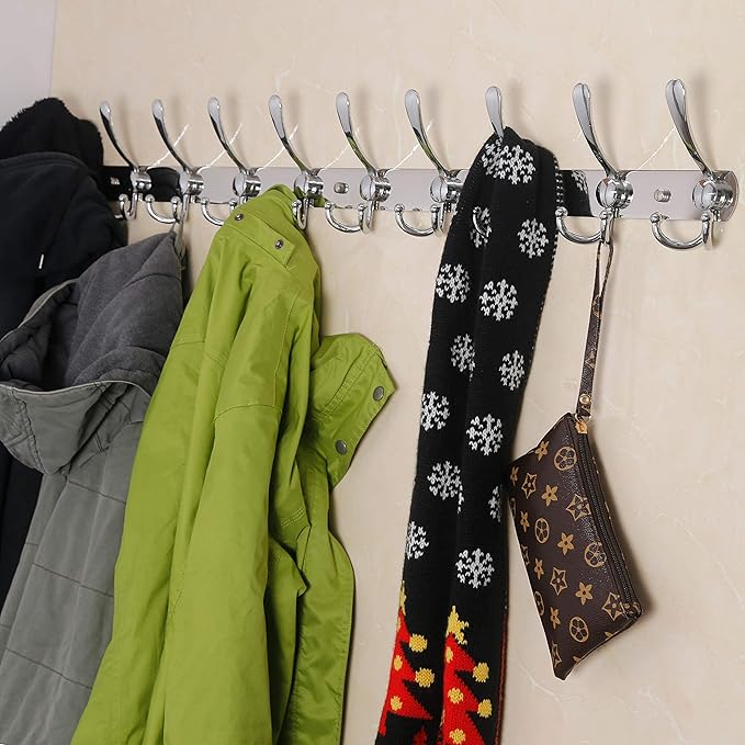 Dseap Coat Rack Wall Mount - 38” Long 10-Tri-Hooks Heavy Duty Coat Hanger Rail Wall Hooks for Hanging Coats Hats Clothing Clo