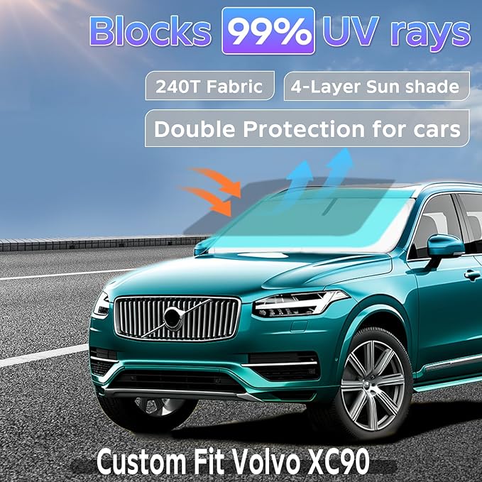 Sun Shade Sunshade for Volvo XC90 2016-2024 2025 2026 Windshield Cover, 4-Layers Sun Shield 250T Silver Sun Visor Foldable Front Window Shade Blocks UV Rays Car Accessories