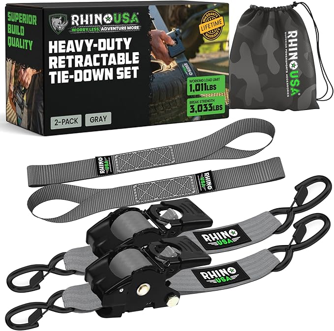 Rhino USA Retractable Ratchet Straps (2-Pack) - 2 Inch x 10 Feet (3,033lb Break Strength) - Heavy Duty Auto Self Retracting Tie Down Straps for Truck, Cargo Trailer, Motorcycle, Rad & More - Gray