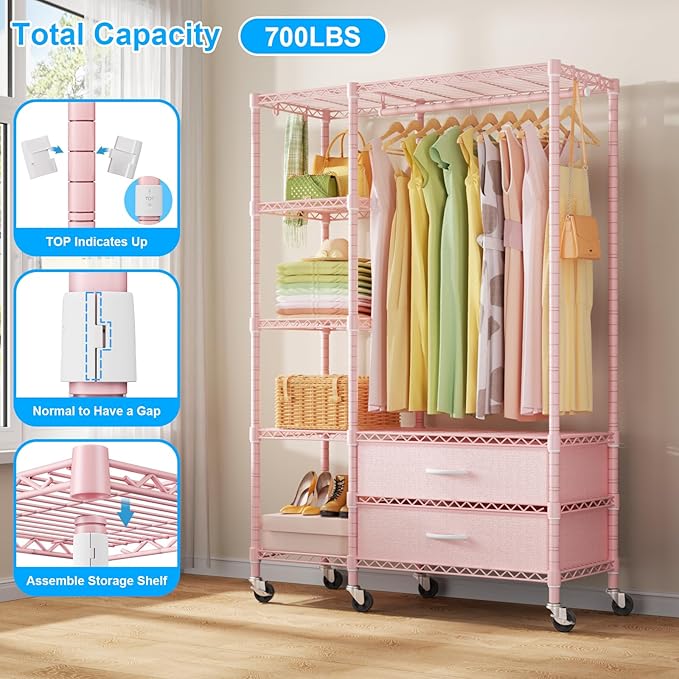 Ulif F3R Heavy Duty Clothes Rack（With Lockable Wheels）Freestanding Clothing Racks for Hanging Clothes，Adjustable Closet Organ