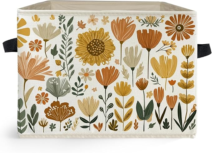 Boho Floral Storage Box Bins, Cottagecore Country Wildflower Botanical Collapsible Storage Basket Organizer for Bedroom Laund