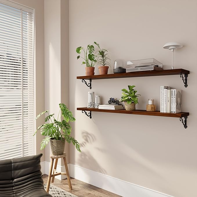 Solid Wood Floating Shelves for Wall with Metal Brackets,2 Tier 48 inch Pinewood Wall Shelf,Suitable for Multiple Places Such
