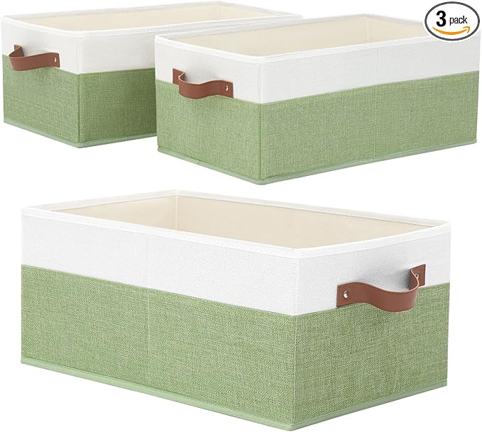 3 Pack Large Capacity Storage Bins Closet Organizer for Shelves, Fabric Closet Storage Baskets Boxes with Leather Handles for
