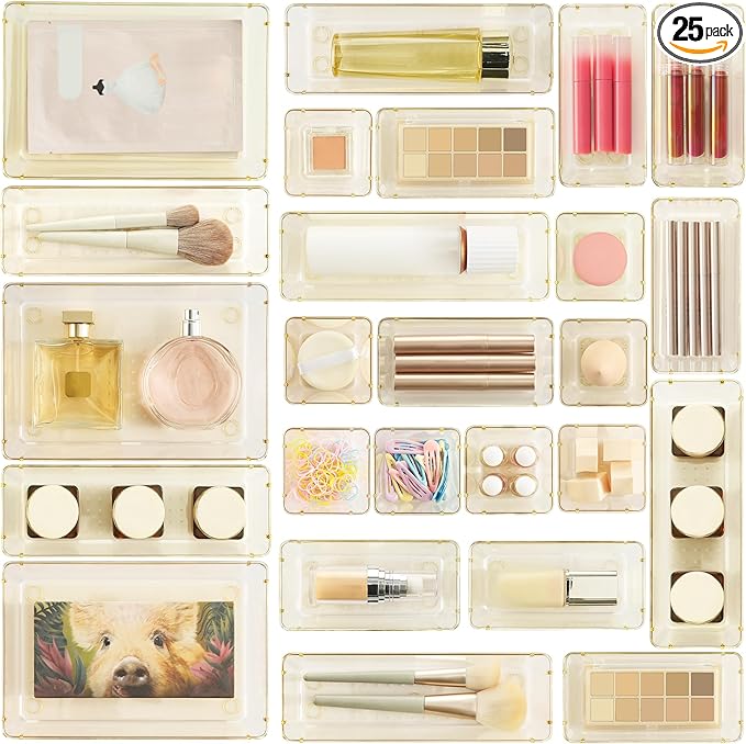Vtopmart 25 PCS Clear Plastic Drawer Organizers Set, 4-Size Versatile Bathroom and Vanity Drawer Organizer Trays, Storage Bin