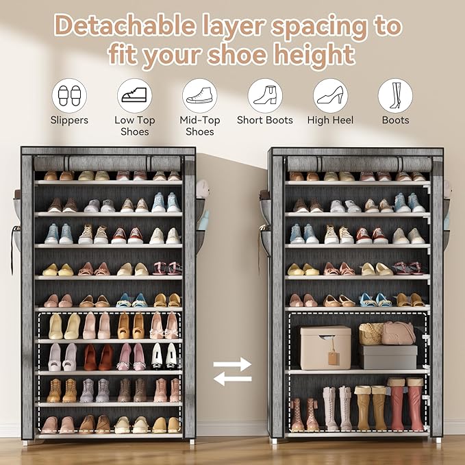 LANTEFUL Shoe Rack with Covers 10 Tier Tall Shoe Rack Organizer Large Capacity Shoe Shelf Storage 40 Pairs Space Saving Free 